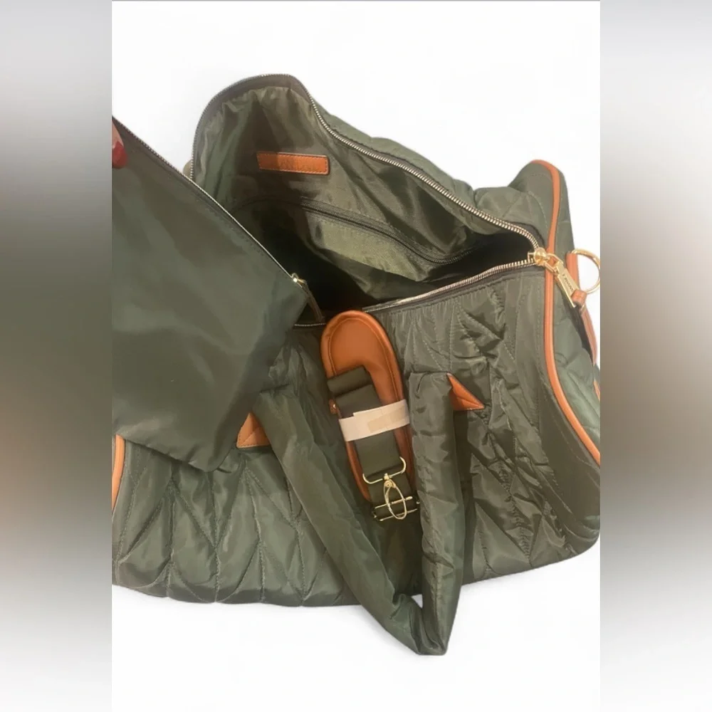 Joan & David Quilted Duffel Bag with Strap & Matching Pouch – Olive Green 20”